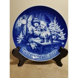 Christmas 1971 Bavaria Germany Wall Decor Plate 8" Blue Bareuther Blue Plate Vtg